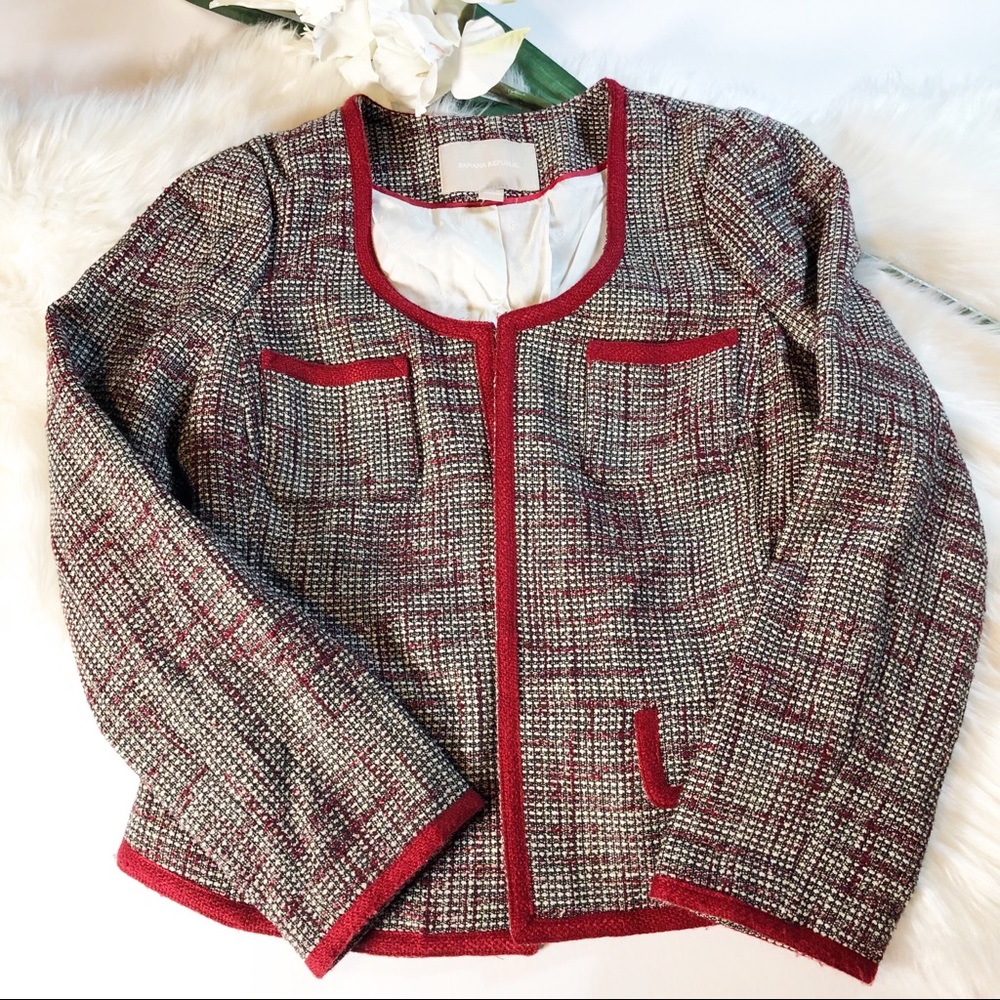 Banana Republic Red Piped Tweed Jacket Deep Garnet - Picture 2 of 8